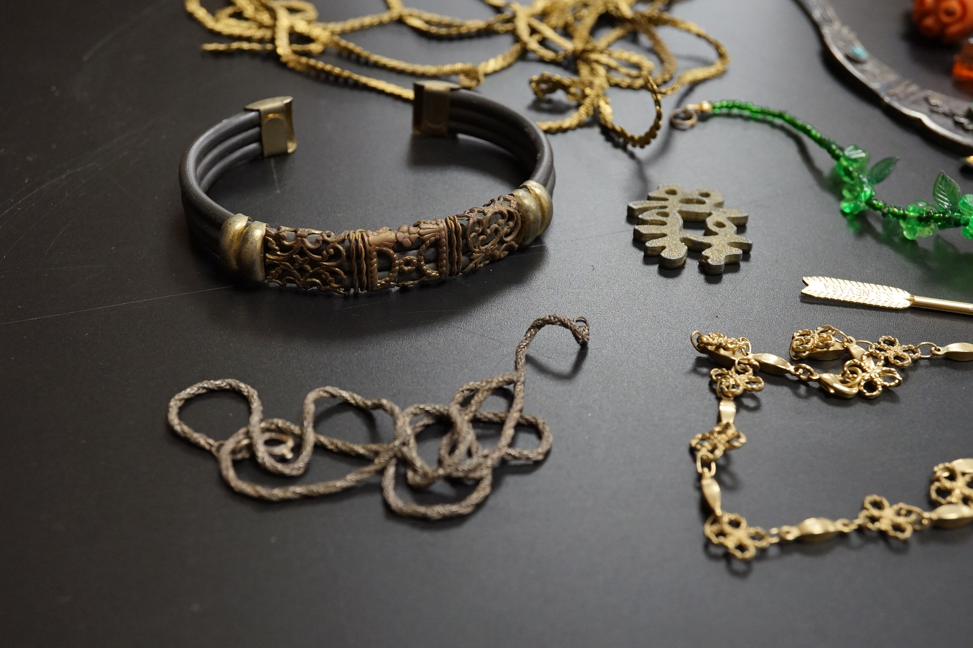 A small group of assorted costume and other jewellery, including a late Victorian silver hexagonal brooch(a.f.) a platinum and gem set ring and two pens Waterman and Elysee.